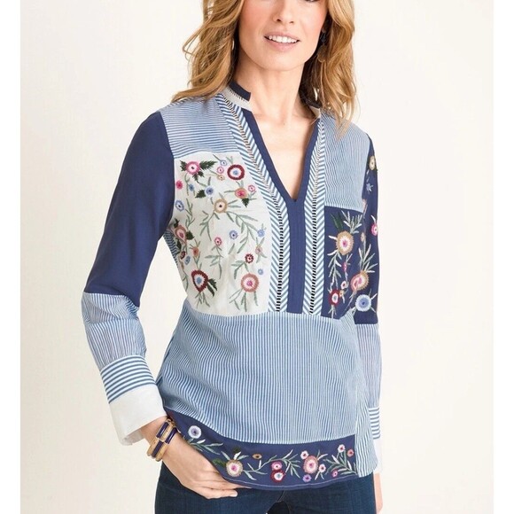 Chicos Women Boho Patchwork Embroidered Tunic Top Size 2 (M) Blue Long Sleeve - Picture 1 of 15